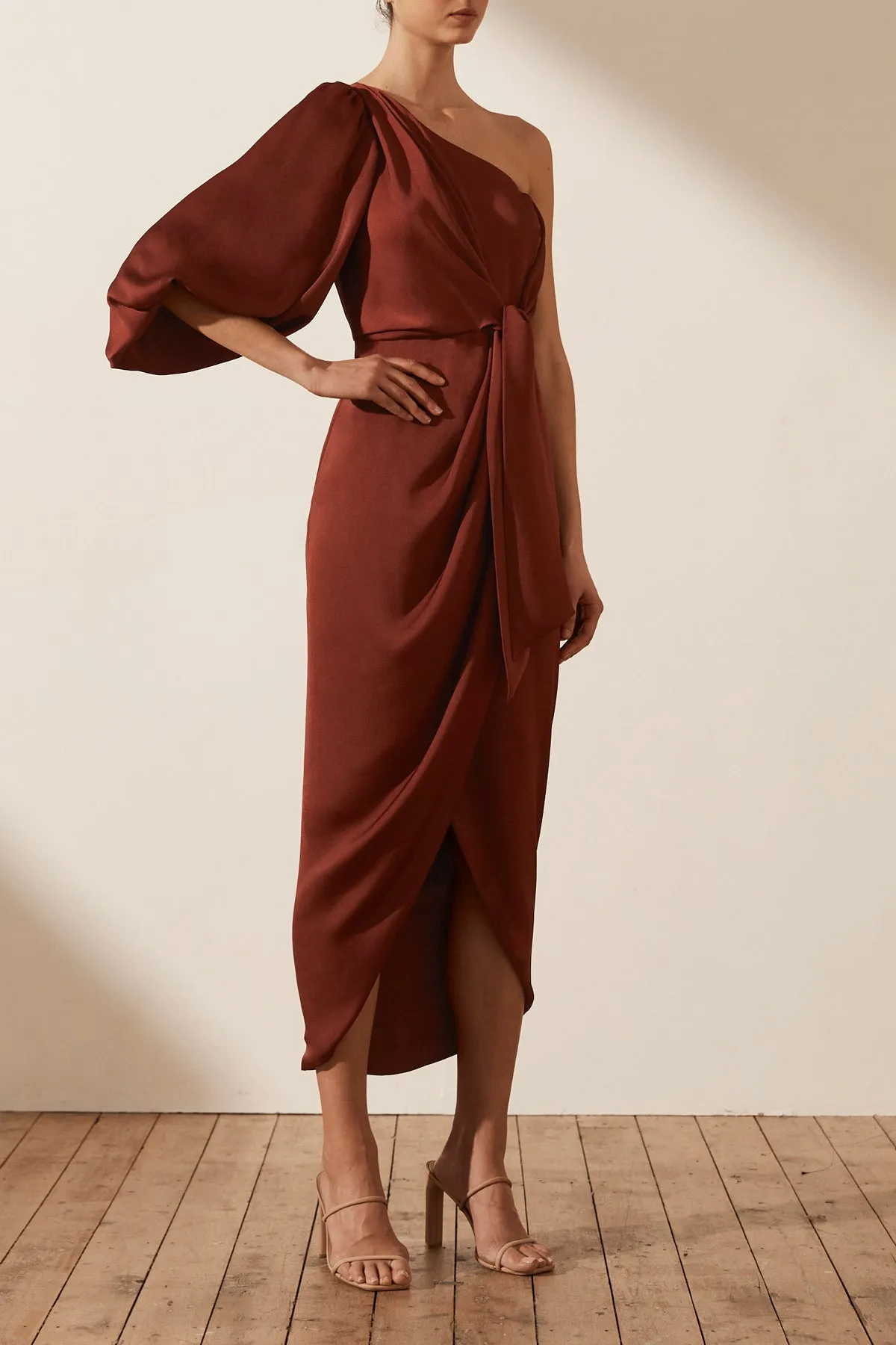 LUXE TIE FRONT ONE SHOULDER DRESS - SANGRIA sold by Shona Joy product image thumbnail 2