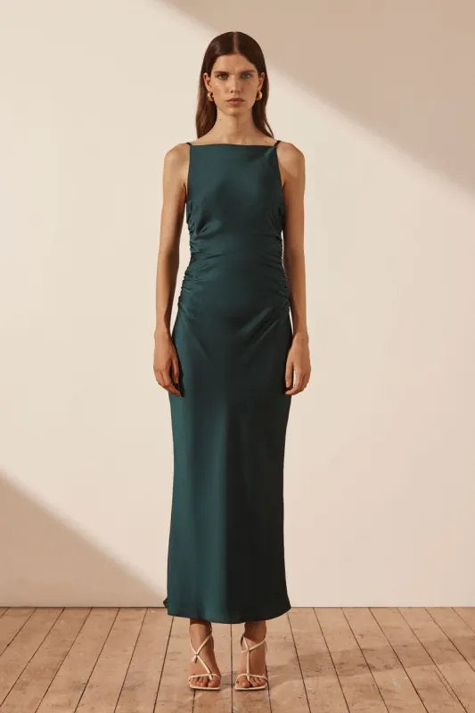 LUXE HIGH NECK RUCHED MIDI DRESS - EMERALD sold by Shona Joy