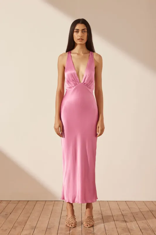 ARIENZO PLUNGED CROSS BACK MIDI DRESS - IBIS ROSE sold by Shona Joy
