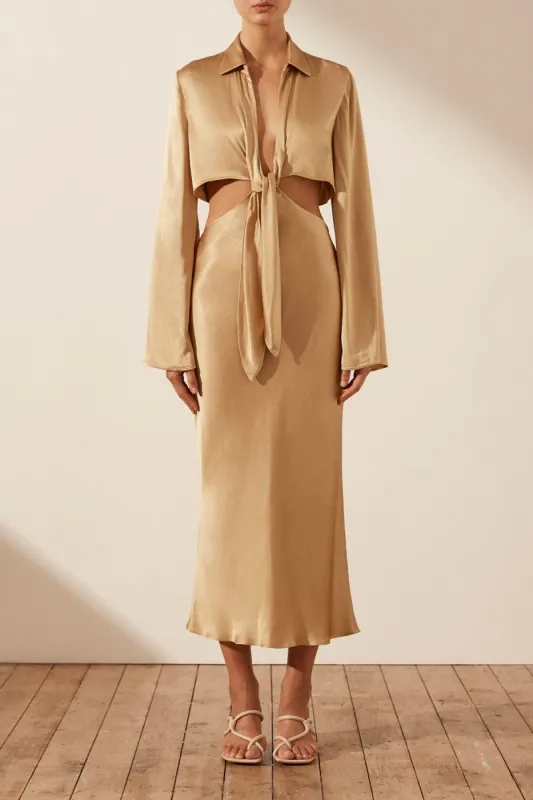 OLIVIERA LONG SLEEVE TIE FRONT MIDI DRESS - TAFFY sold by Shona Joy