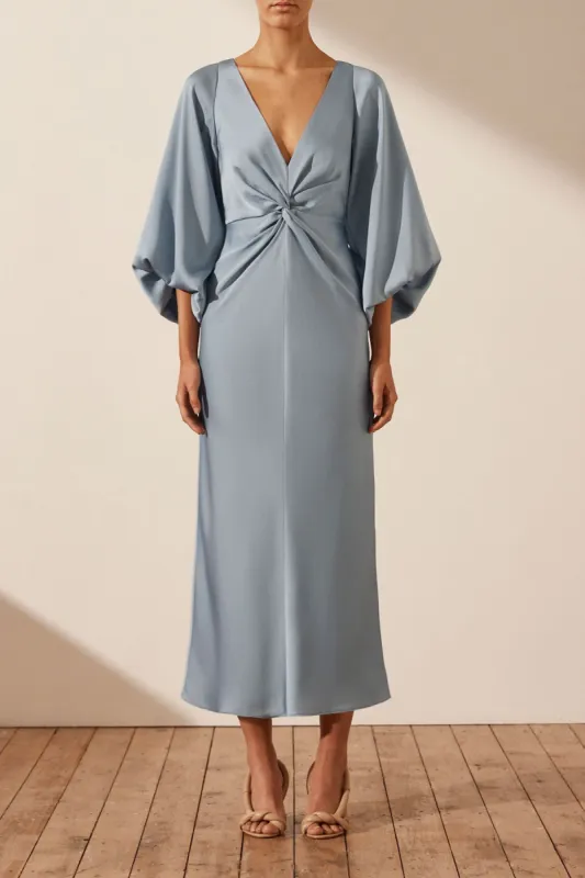 LUXE BALLOON SLEEVE KNOT FRONT MIDI DRESS - AZURE sold by Shona Joy