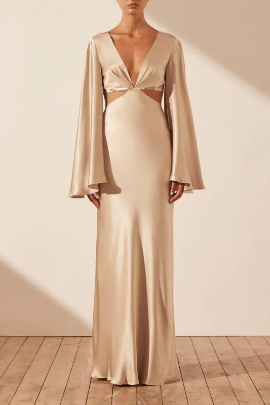 LA LUNE FLARED SLEEVE OPEN BACK MAXI DRESS - GOLD sold by Shona Joy