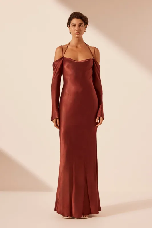 LINO OFF SHOULDER TIE MAXI DRESS - MAHOGANY sold by Shona Joy