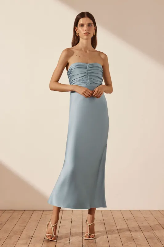LUXE STRAPLESS RUCHED BODICE MIDI DRESS - AZURE sold by Shona Joy