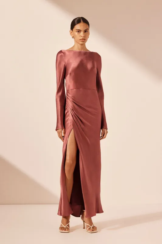 LA LUNE FLARED SLEEVE SIDE SPLIT MIDI DRESS - TERRACOTTA sold by Shona Joy