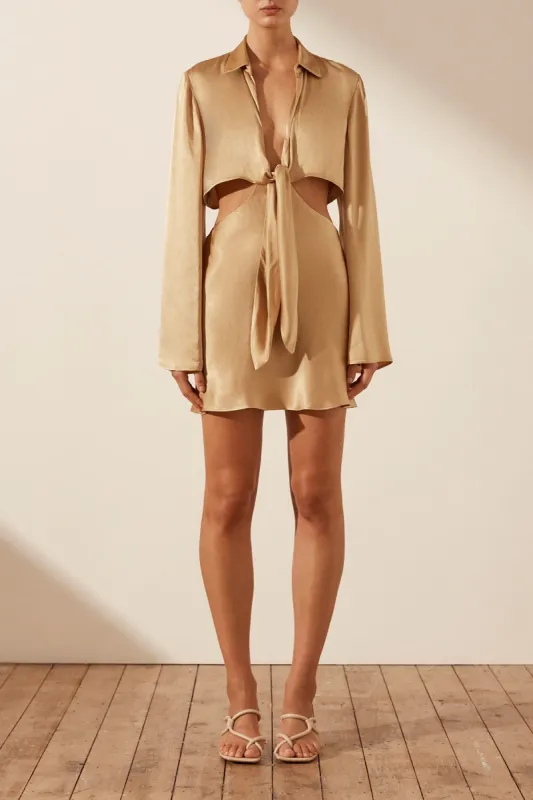 OLIVIERA LONG SLEEVE TIE FRONT MINI DRESS - TAFFY sold by Shona Joy