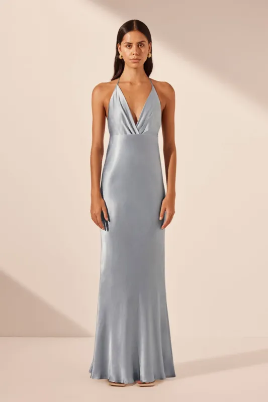 LA LUNE PLUNGED OPEN BACK HALTER MAXI DRESS - POWDER BLUE sold by Shona Joy