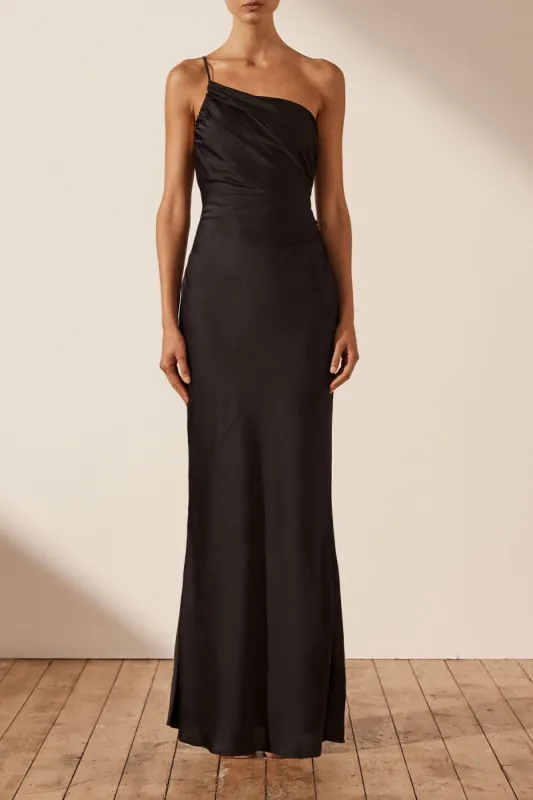 LUXE ASYMMETRICAL GATHERED MAXI DRESS - ONYX sold by Shona Joy