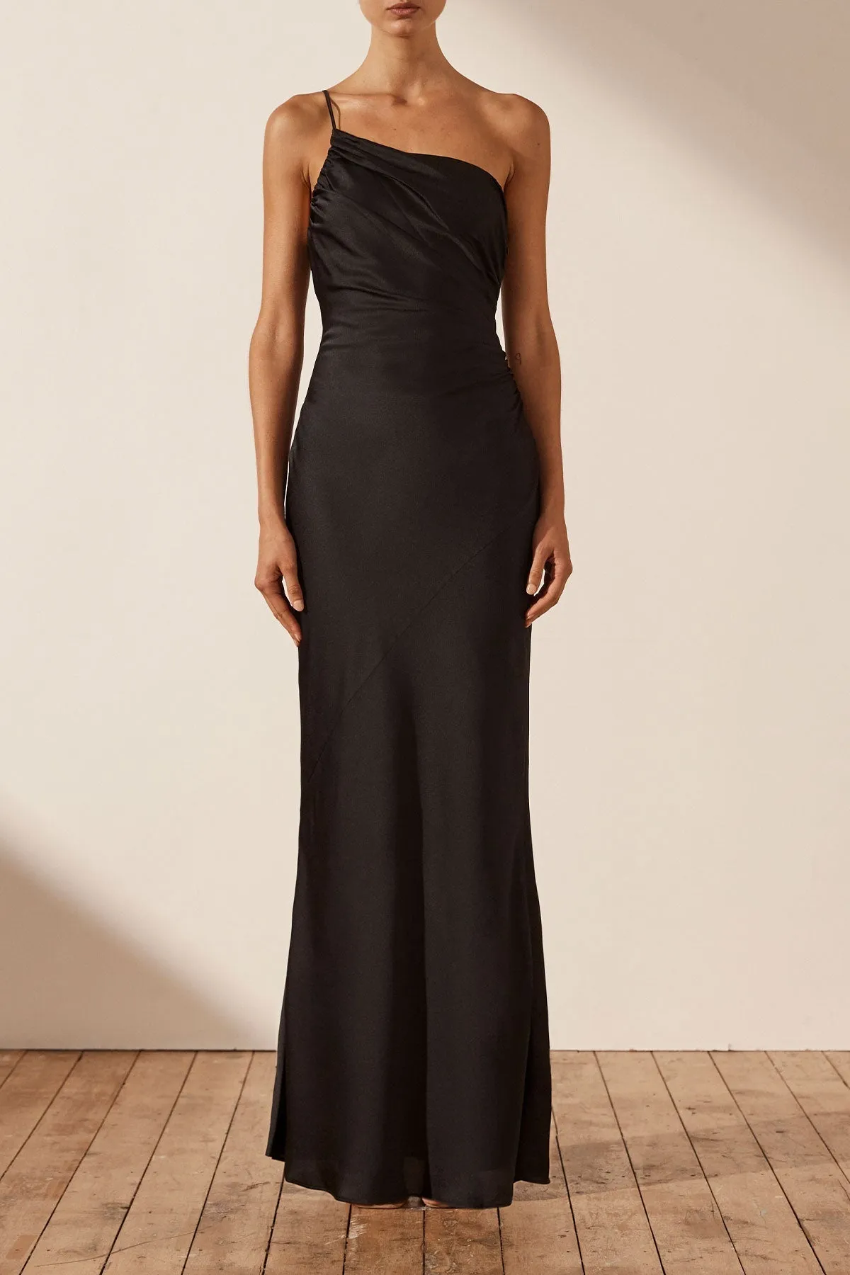 LUXE ASYMMETRICAL GATHERED MAXI DRESS - ONYX sold by Shona Joy