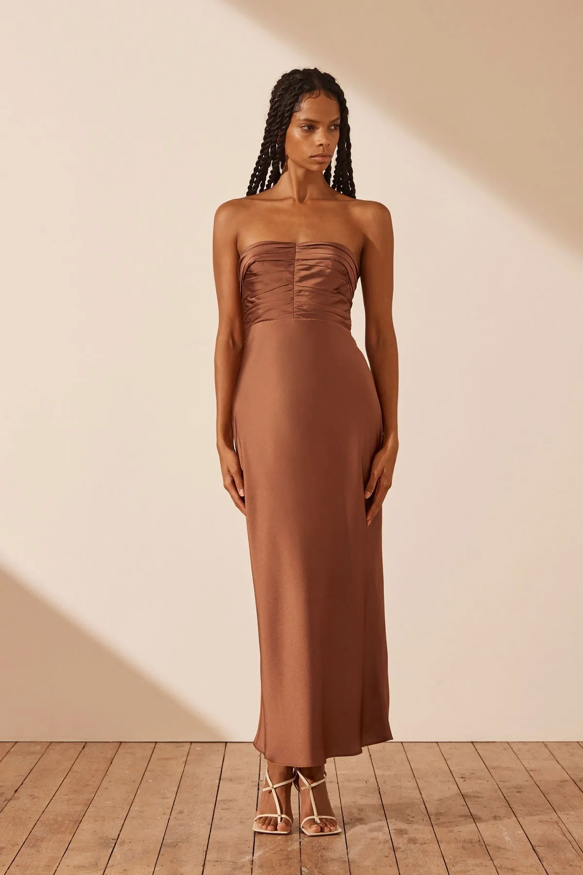 LUXE STRAPLESS RUCHED BODICE MIDI DRESS - MOCHA sold by Shona Joy