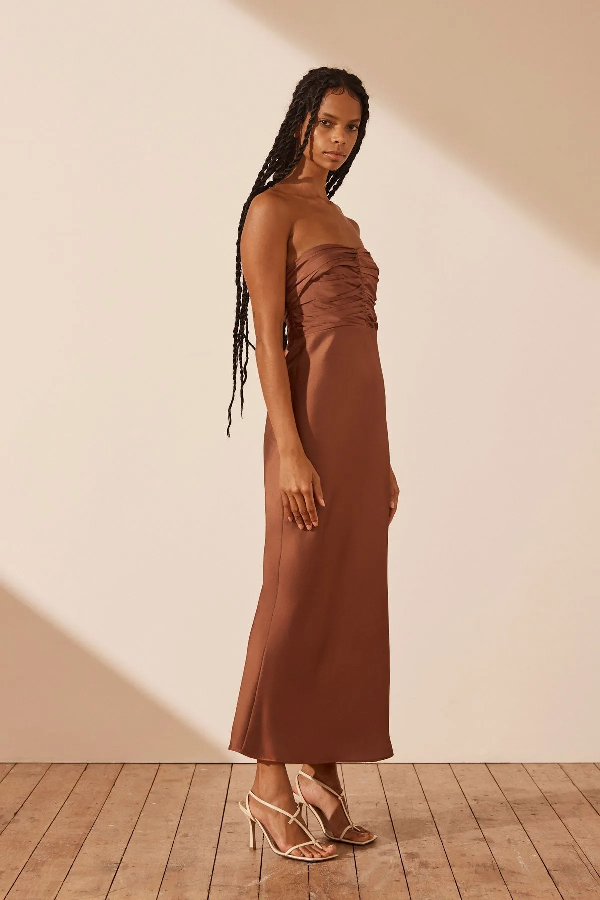 LUXE STRAPLESS RUCHED BODICE MIDI DRESS - MOCHA sold by Shona Joy product image thumbnail 2