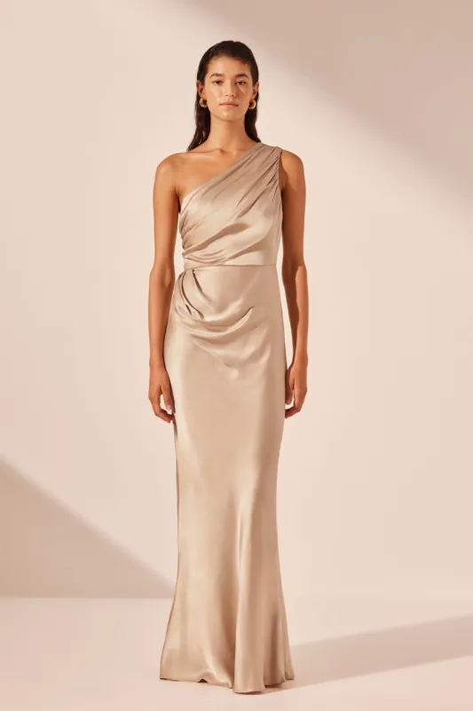 LA LUNE GATHERED ONE SHOULDER MAXI DRESS - GOLD sold by Shona Joy