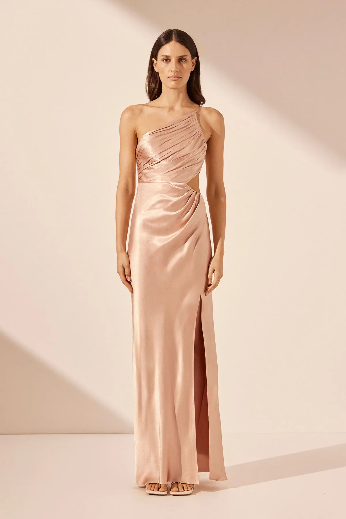 LA LUNE ASYMMETRICAL GATHERED MAXI DRESS - DESERT ROSE | Parallel LA LUNE ASYMMETRICAL GATHERED MAXI DRESS - DESERT ROSE | Parallel
