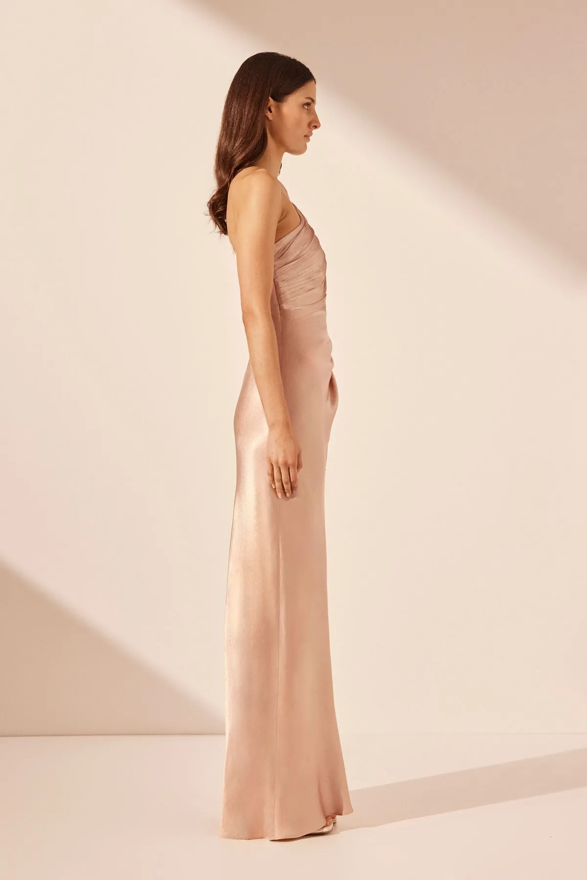 LA LUNE ASYMMETRICAL GATHERED MAXI DRESS - DESERT ROSE | Parallel