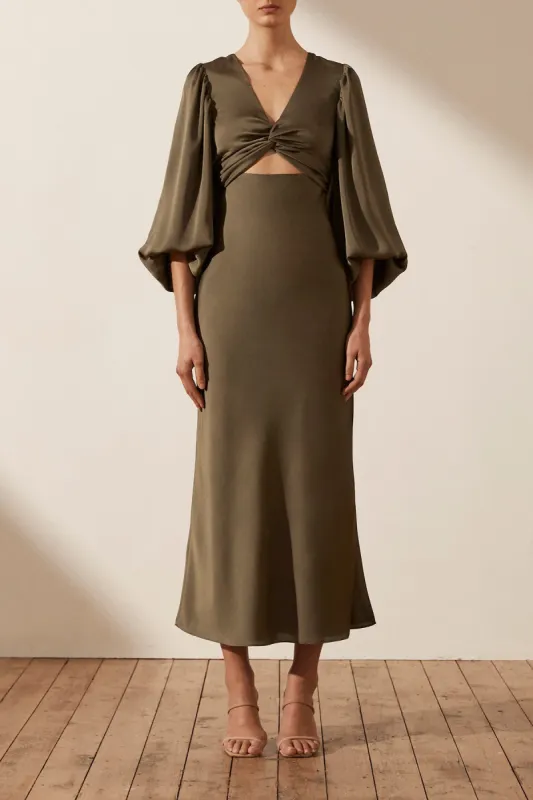 LUXE TWIST FRONT BALLOON SLEEVE MIDI DRESS - SANGRIA | Parallel LUXE TWIST FRONT BALLOON SLEEVE MIDI DRESS - SANGRIA | Parallel