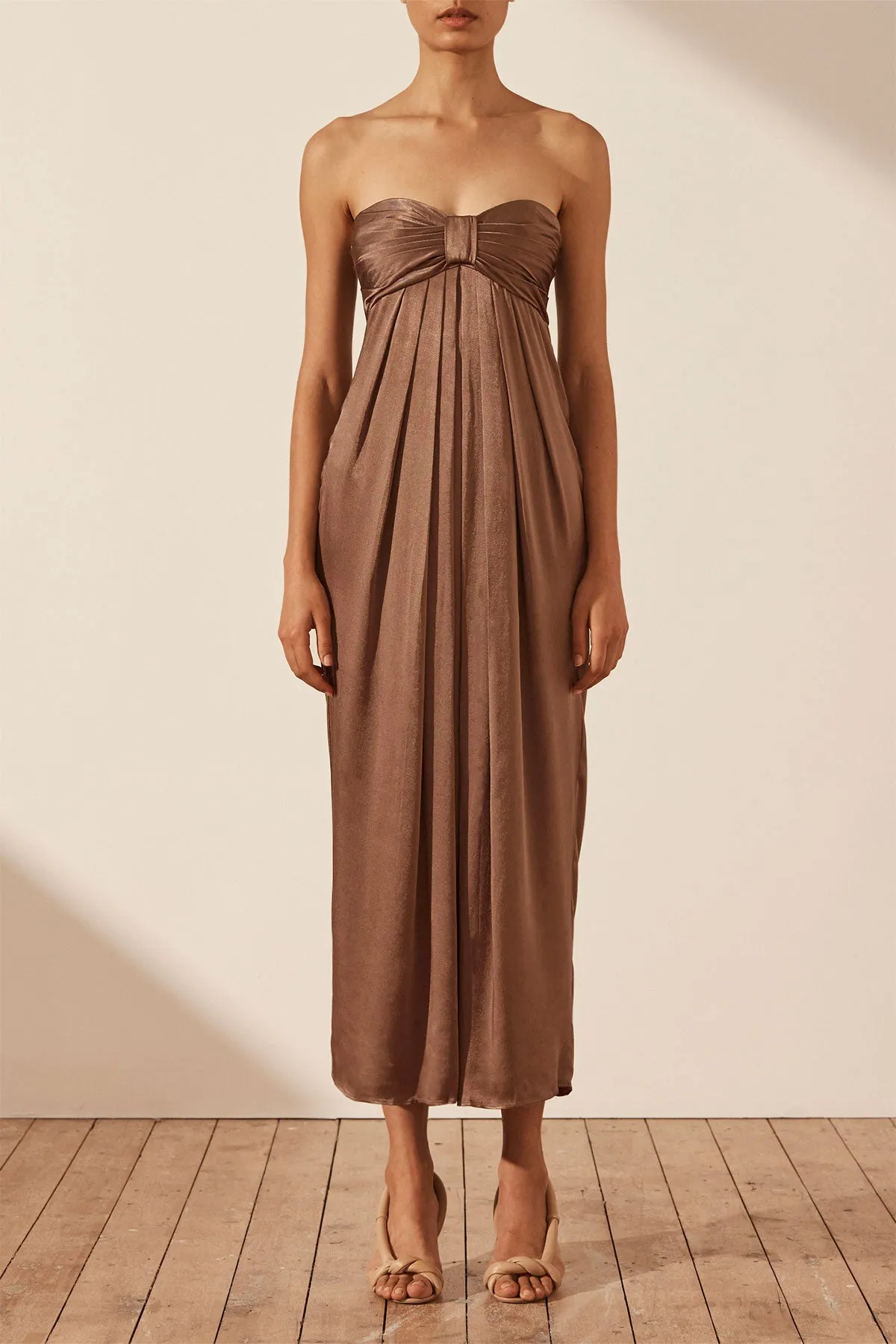 MILO STRAPLESS KNOT MIDI DRESS - CACAO sold by Shona Joy