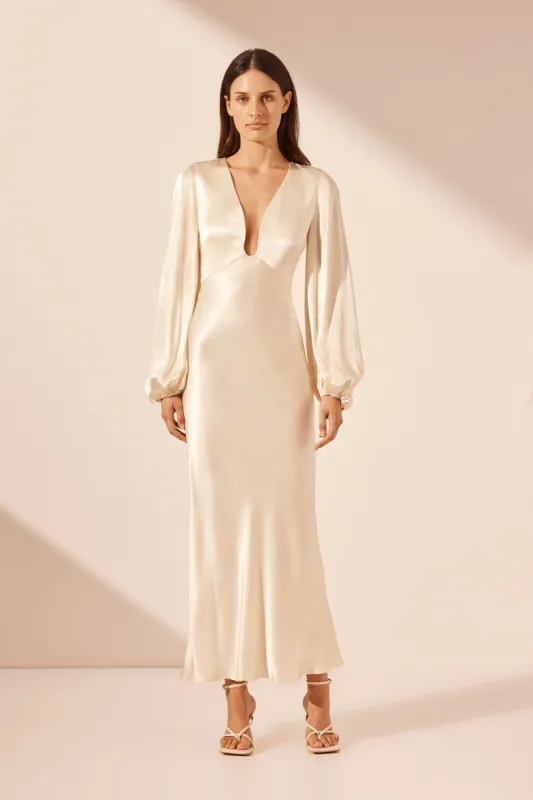 LA LUNE PLUNGED NECK BALLOON SLEEVE MIDI DRESS - CREAM sold by Shona Joy