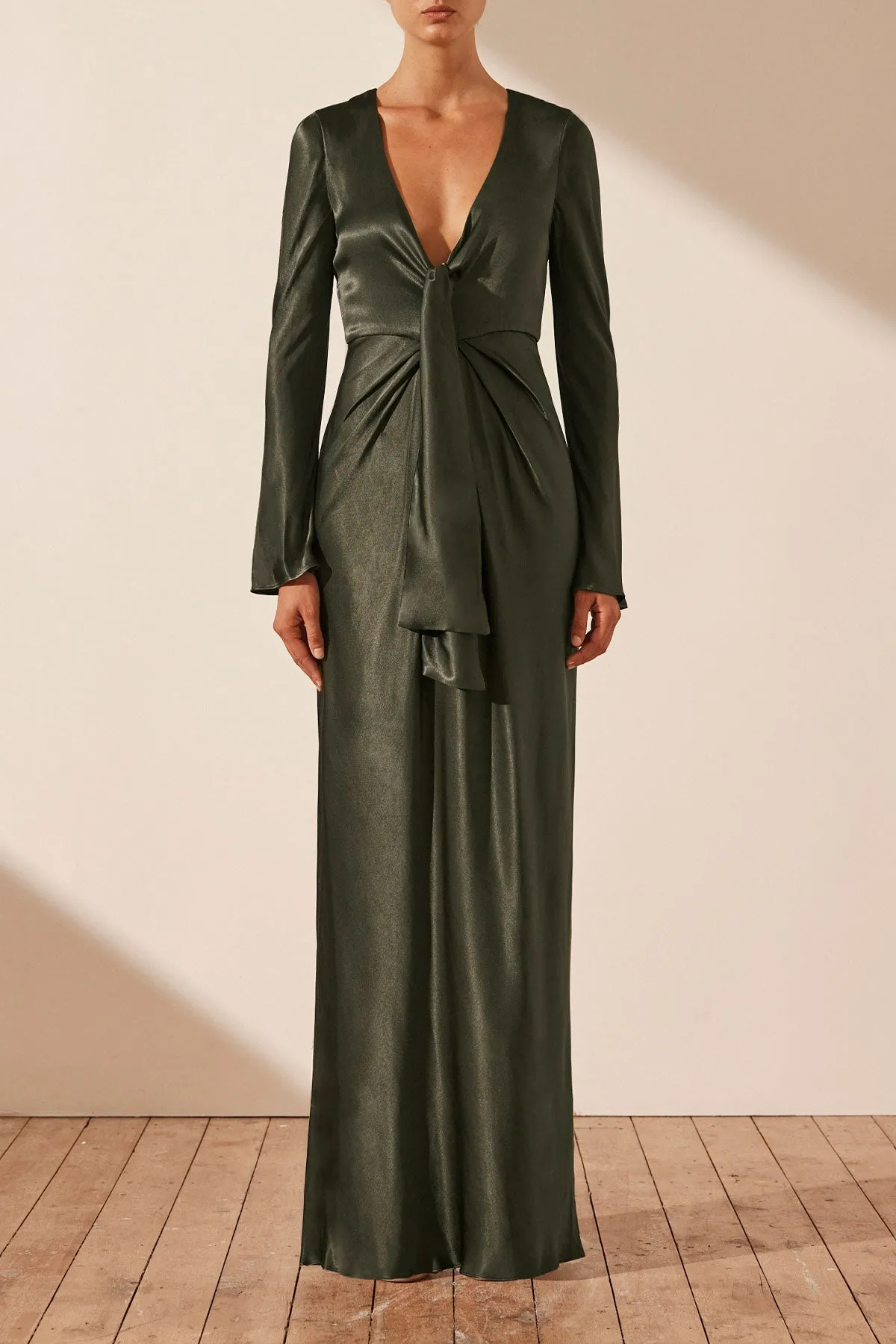 LA LUNE PLUNGED TIE FRONT MAXI DRESS - FOREST sold by Shona Joy