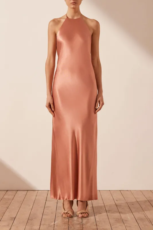LA LUNE LOW BACK HALTER NECK MIDI DRESS - ANTIQUE ROSE sold by Shona Joy