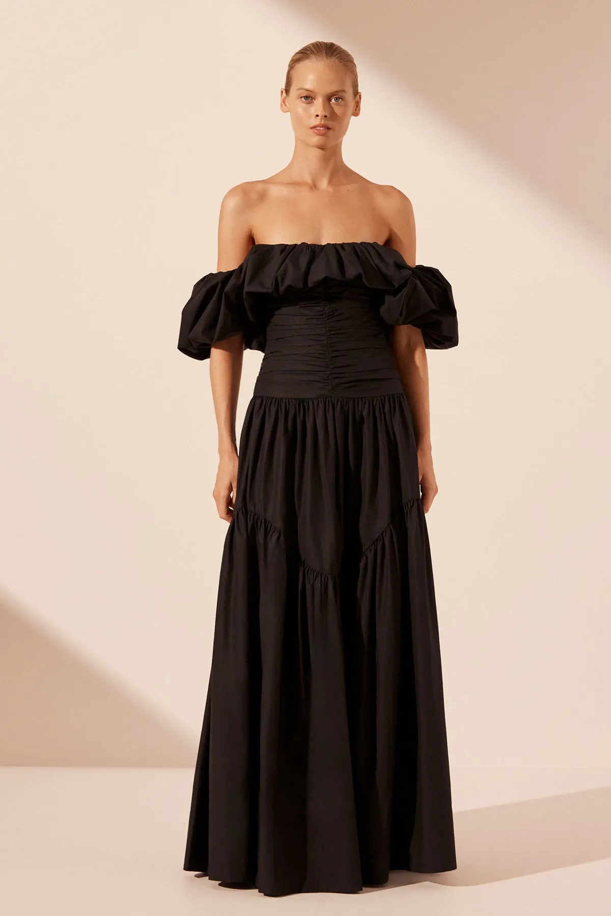 MAIORI OFF SHOULDER RUCHED BODICE MAXI DRESS - BLACK sold by Shona Joy