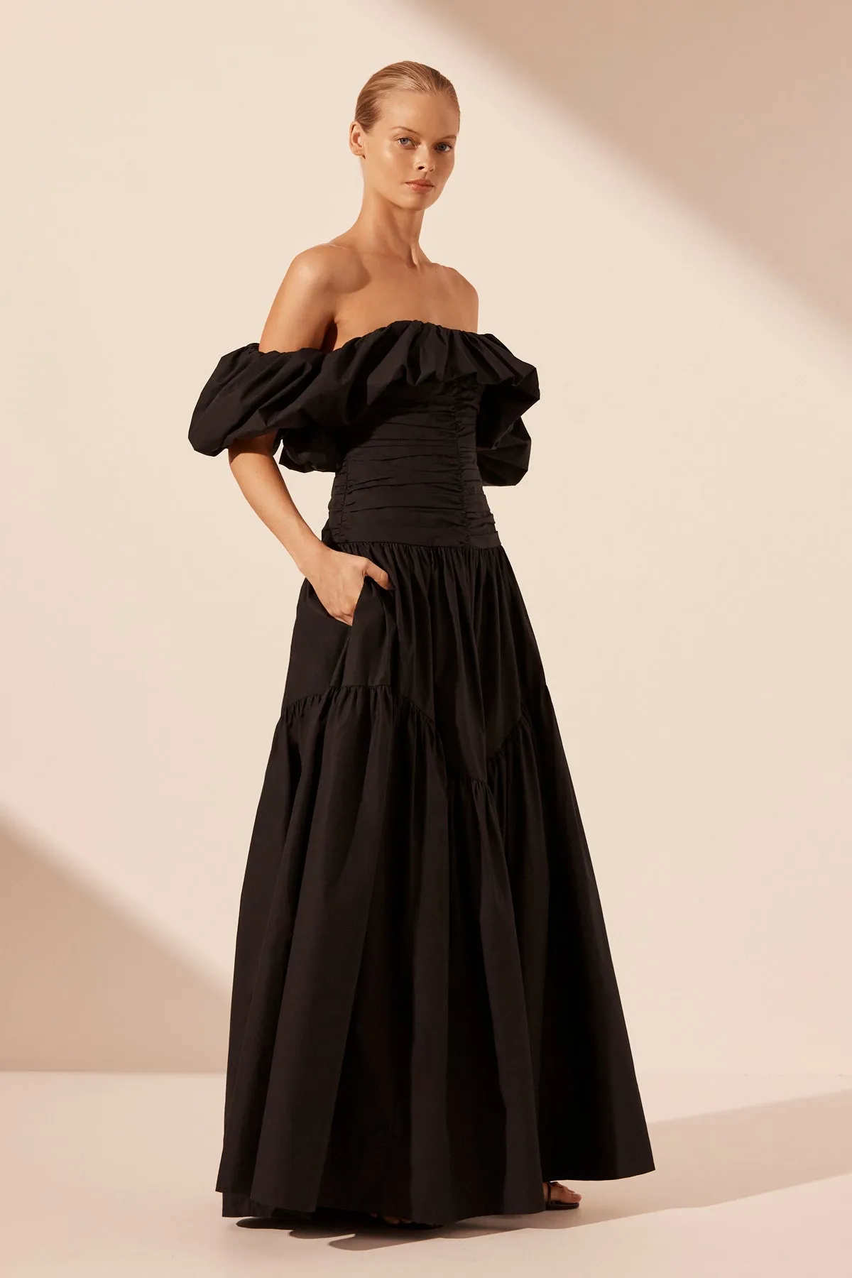MAIORI OFF SHOULDER RUCHED BODICE MAXI DRESS - BLACK sold by Shona Joy product image thumbnail 2