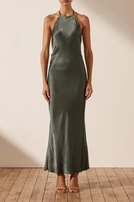 LA LUNE LOW BACK HALTER NECK MIDI DRESS - OLIVE sold by Shona Joy