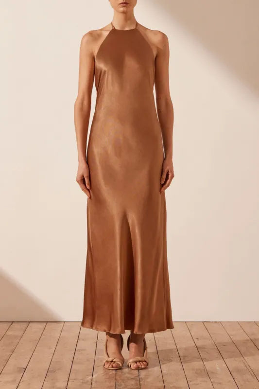 LA LUNE LOW BACK HALTER NECK MIDI DRESS - ALMOND sold by Shona Joy