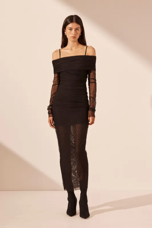 MIRA LONG SLEEVE OFF SHOULDER MIDI DRESS - BLACK sold by Shona Joy
