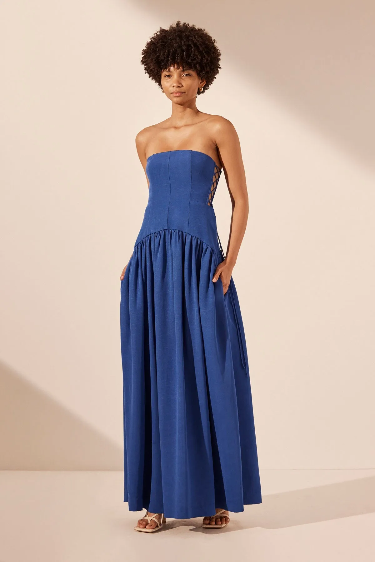 vento lace up strapless maxi dress Shona Joy - Vento Lace Up Strapless Maxi Cobalt (Size 12) Goldie's