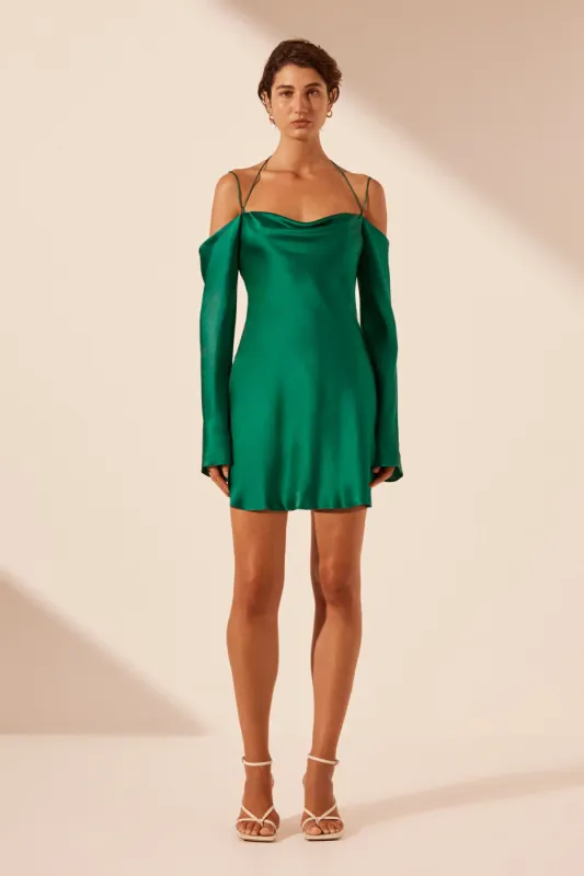 ELLE SILK OFF THE SHOULDER TIE MINI DRESS - EMERALD GREEN sold by Shona Joy