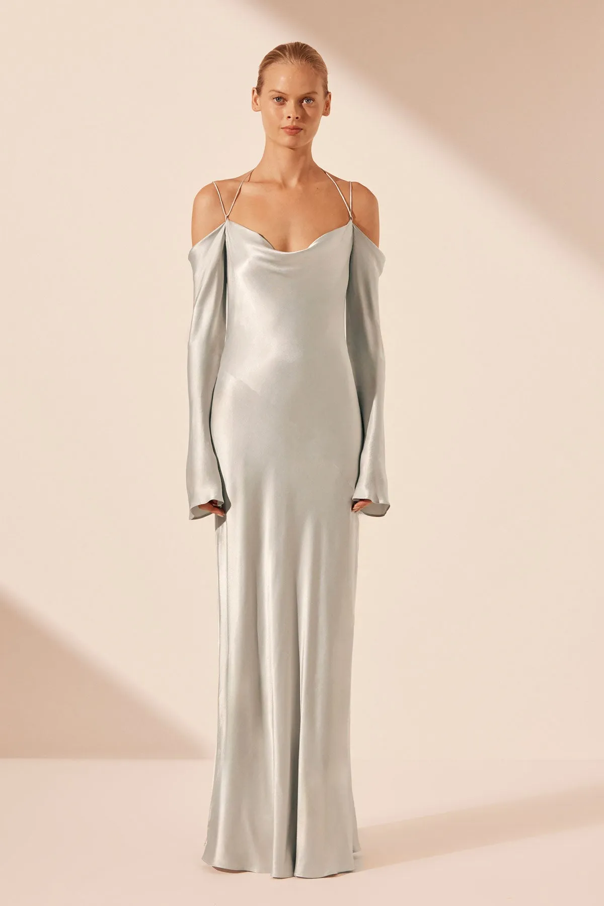 LA LUNE OFF SHOULDER TIE MAXI DRESS - SILVER sold by Shona Joy