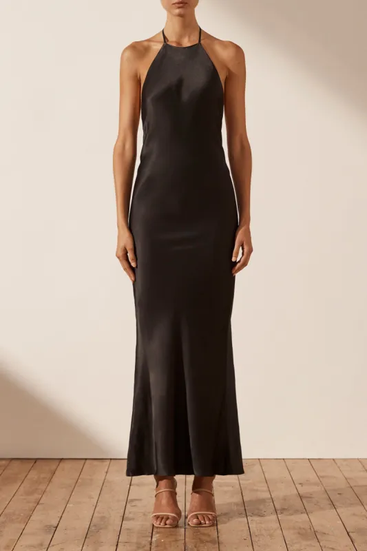 LA LUNE LOW BACK HALTER NECK MIDI DRESS - BLACK sold by Shona Joy