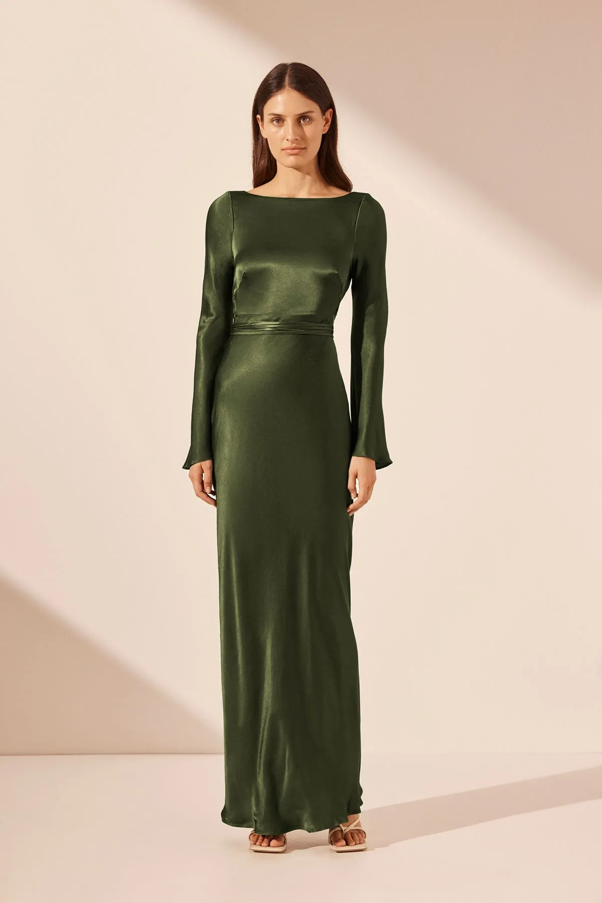 ELIA LONG SLEEVE OPEN BACK TIE MAXI DRESS - FERN sold by Shona Joy