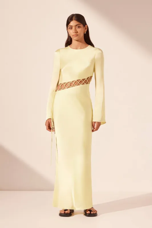 LYDIE ASYMMETRICAL LACE UP MAXI DRESS - LEMON sold by Shona Joy