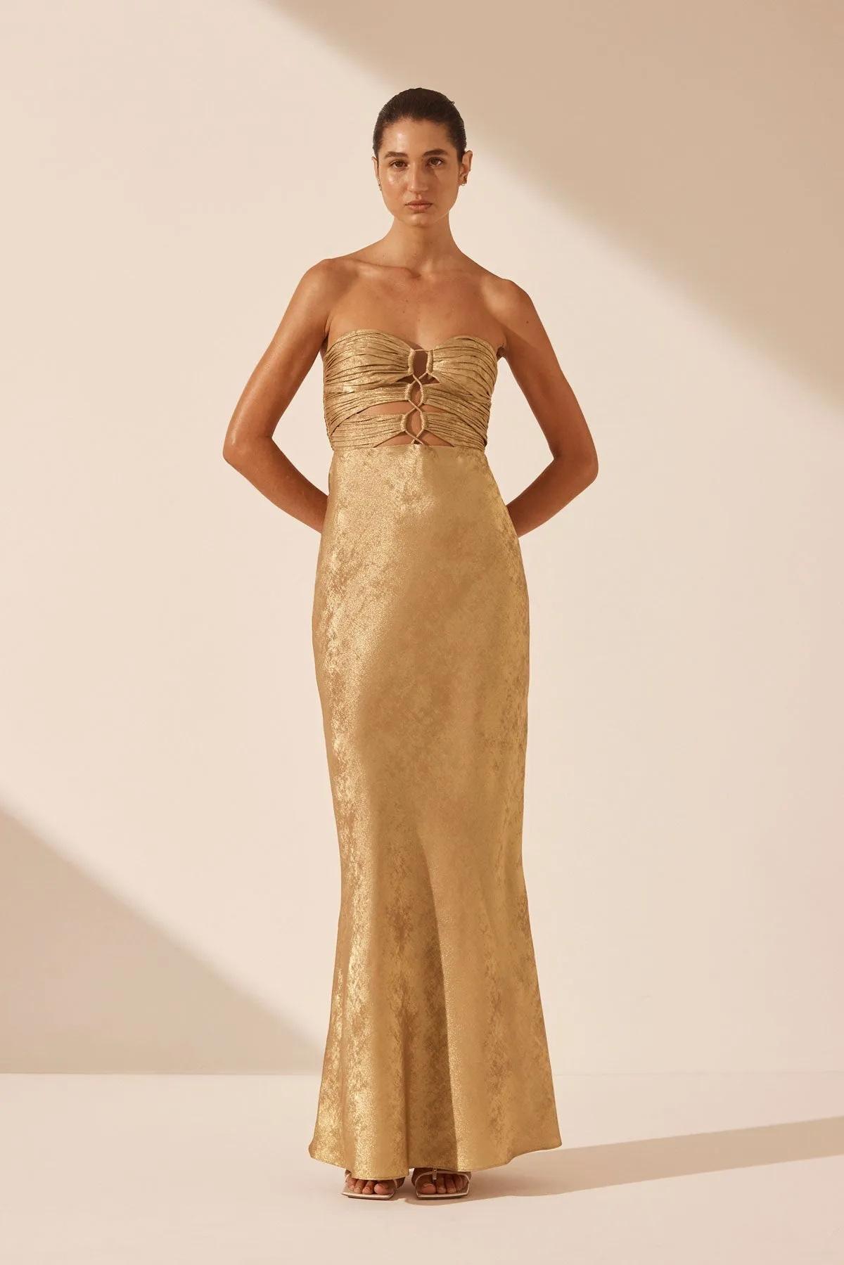 ROYALE STRAPLESS LACE UP MAXI DRESS sold by Shona Joy