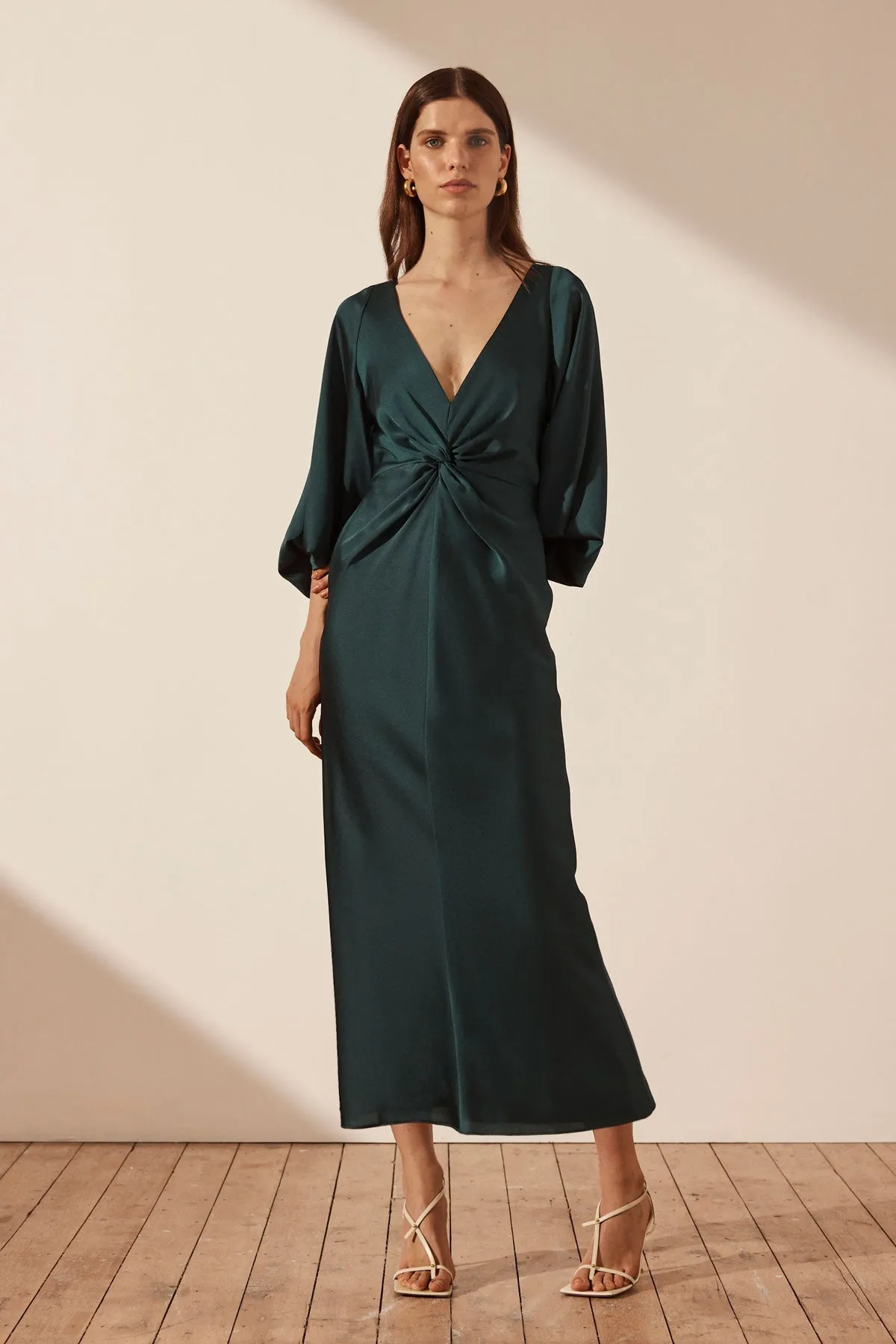LUXE BALLOON SLEEVE KNOT FRONT MIDI DRESS - EMERALD sold by Shona Joy