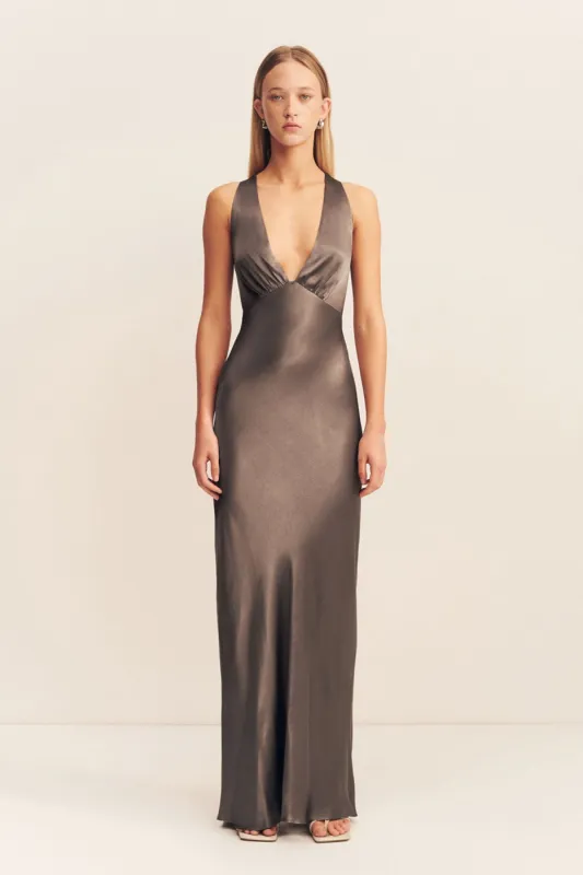 LA LUNE PLUNGED CROSS BACK MAXI DRESS - GRAPHITE sold by Shona Joy