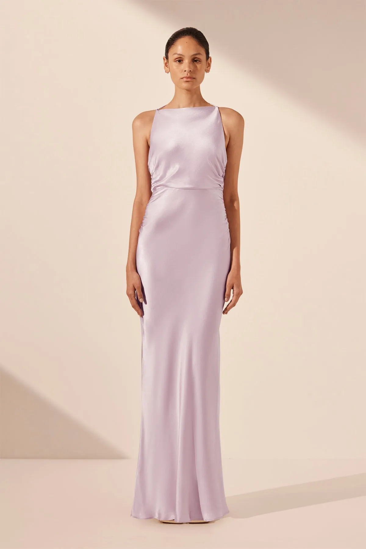 LA LUNE HIGH NECK RUCHED MAXI DRESS - LILAC sold by Shona Joy