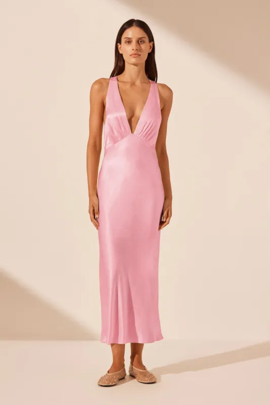 LA LUNE PLUNGED CROSS BACK MIDI DRESS - PEONY sold by Shona Joy