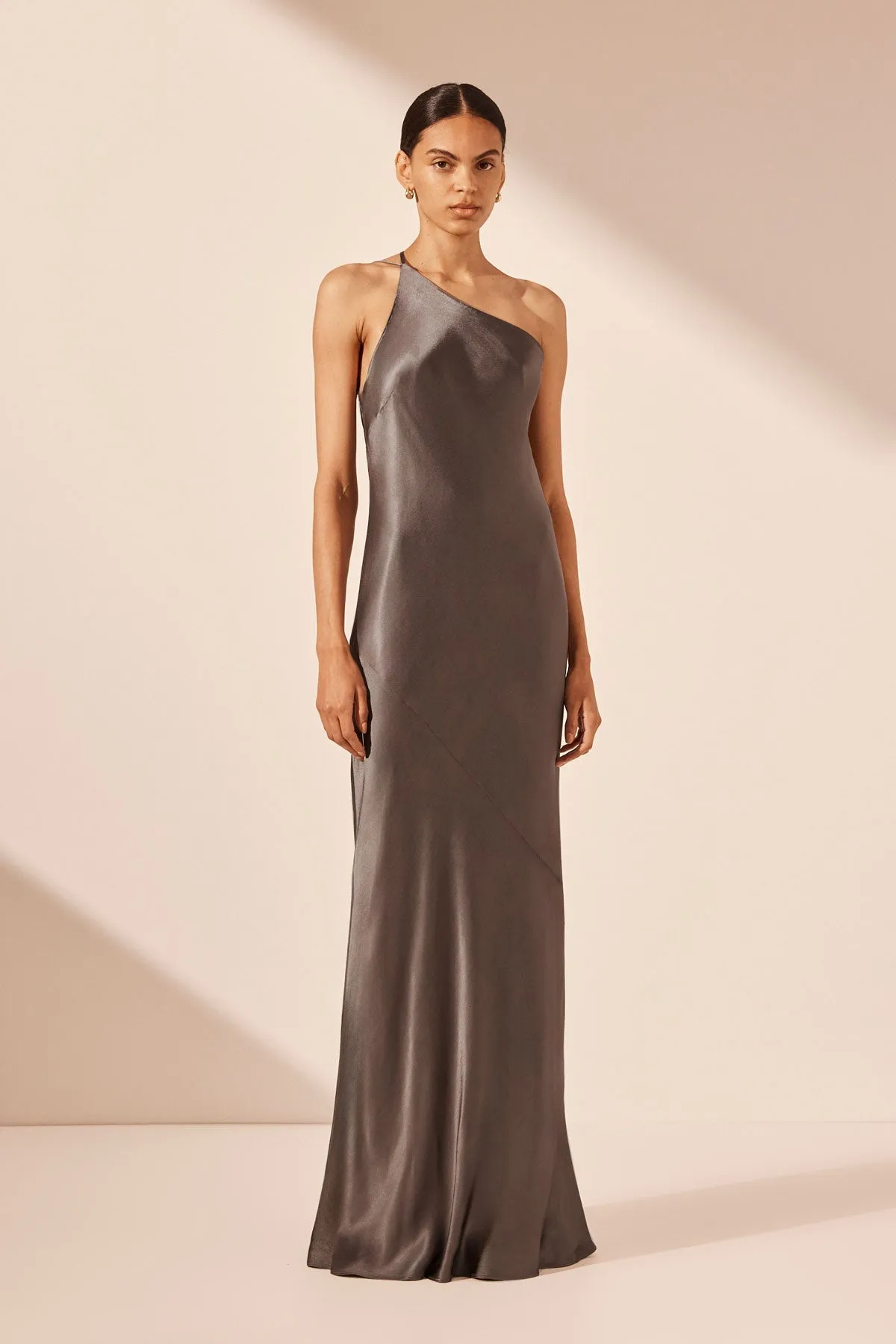 LA LUNE ONE SHOULDER COWL BACK MAXI DRESS - GRAPHITE sold by Shona Joy