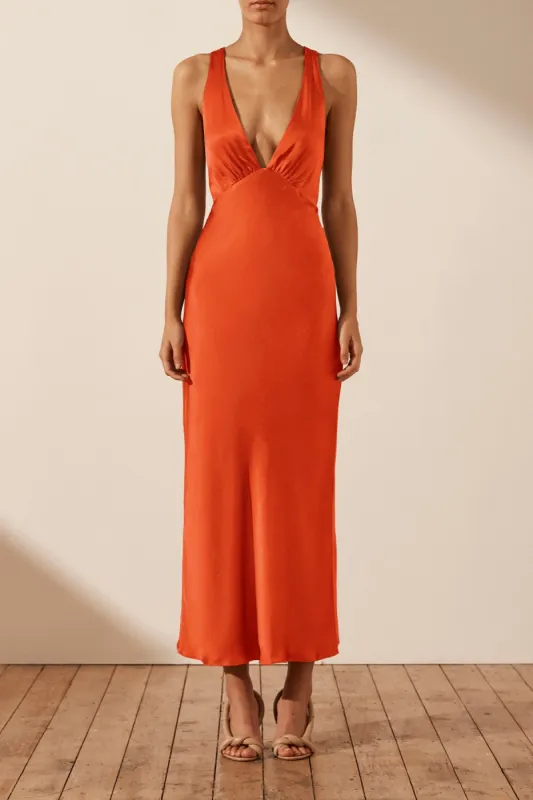 MILO PLUNGED CROSS BACK MIDI DRESS - HIBISCUS sold by Shona Joy