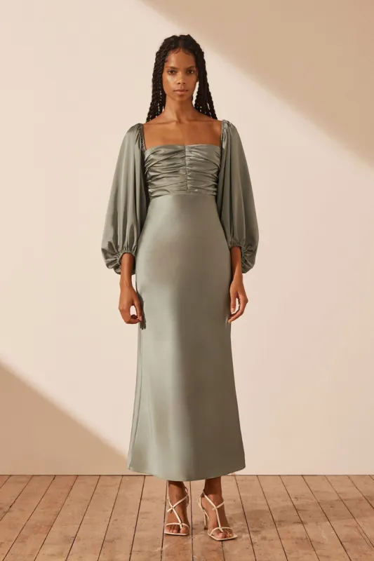 LUXE RUCHED BODICE LONG SLEEVE MIDI DRESS - EUCALYPTUS sold by Shona Joy