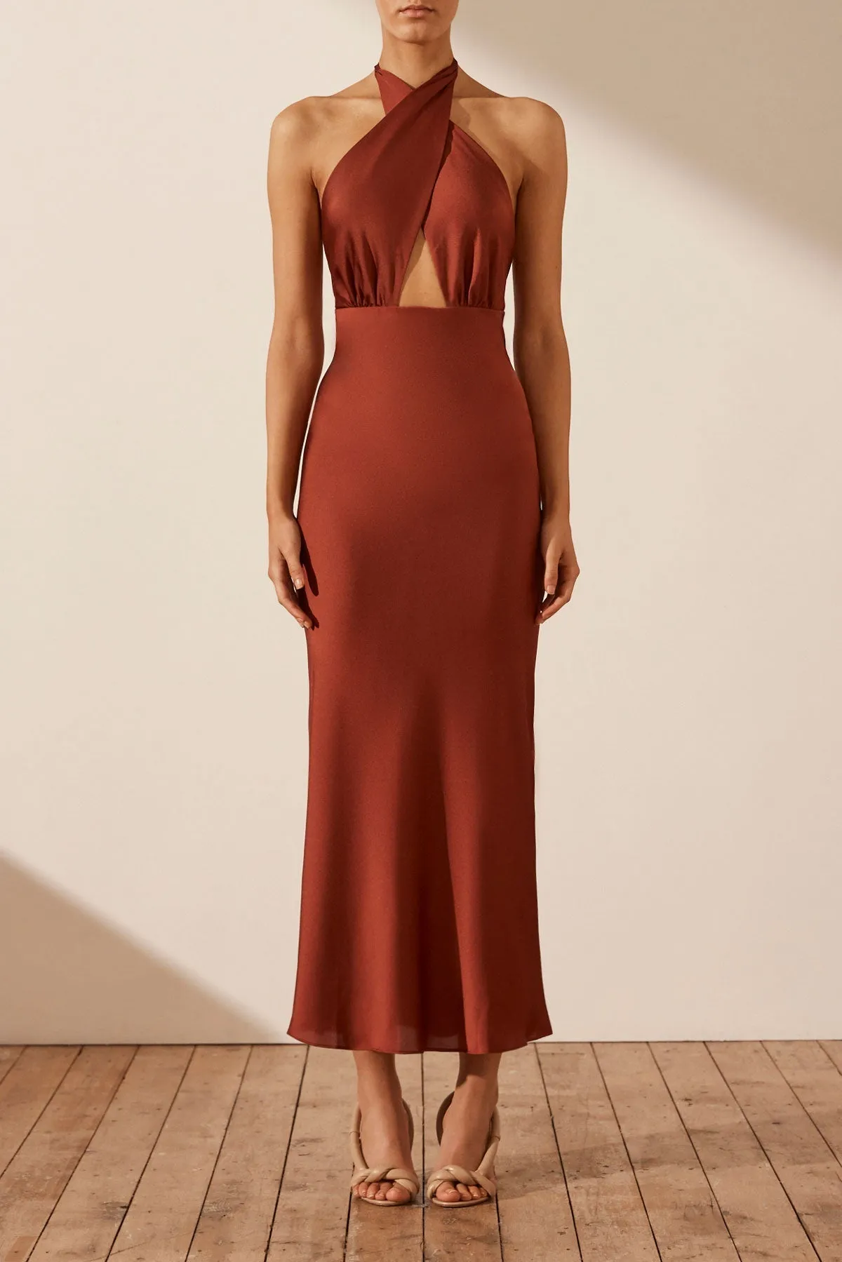 LUXE CROSS FRONT HALTER MIDI DRESS - SANGRIA sold by Shona Joy
