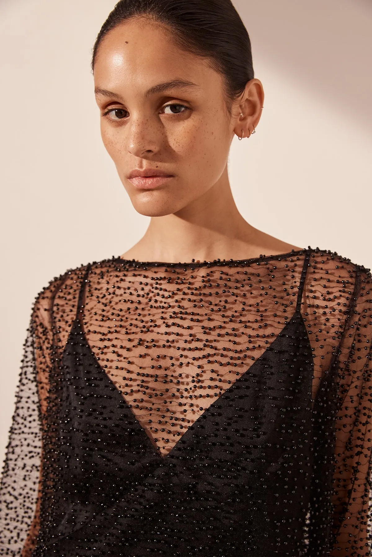 MONA BEADED LONG SLEEVE MINI DRESS - BLACK sold by Shona Joy product image thumbnail 2