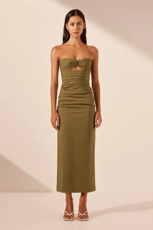 LANI STRAPLESS GATHERED MIDI DRESS - ARMY GREEN sold by Shona Joy
