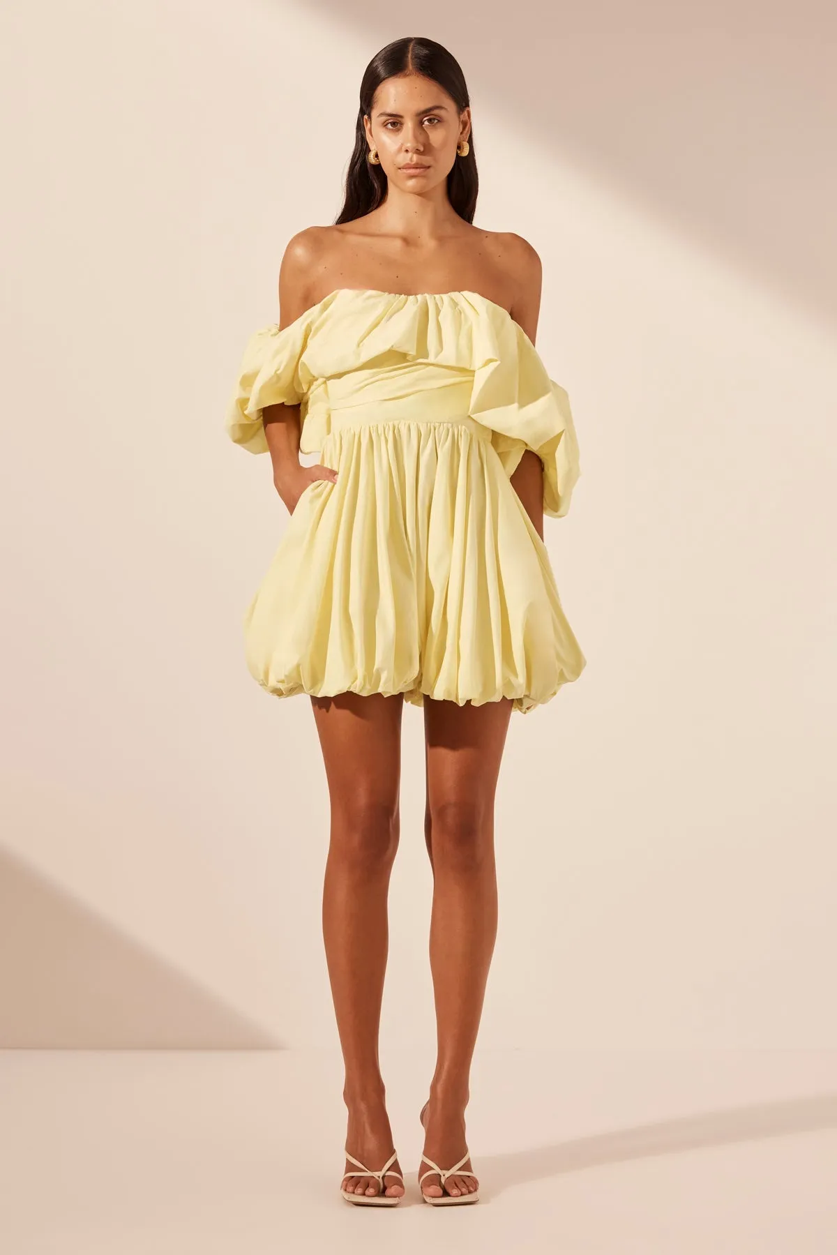 MAIORI OFF SHOULDER DRAPED BUBBLE MINI DRESS - LEMON sold by Shona Joy