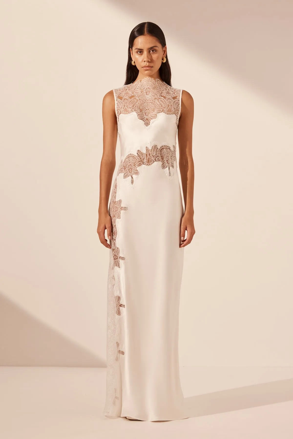 STRATUS SHEER LACE HIGH NECK MAXI DRESS - IVORY sold by Shona Joy