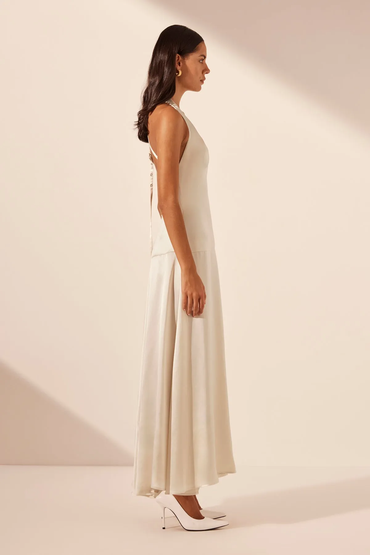 SAVANNA HALTER OPEN BACK MAXI DRESS - PEARL | Parallel