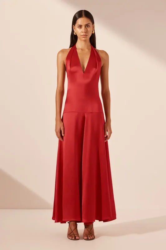 SAVANNA HALTER OPEN BACK MAXI DRESS - CHILLI sold by Shona Joy