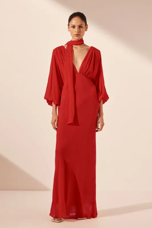 AMINA PLUNGE BALLOON SLEEVE MAXI DRESS - CHILLI sold by Shona Joy